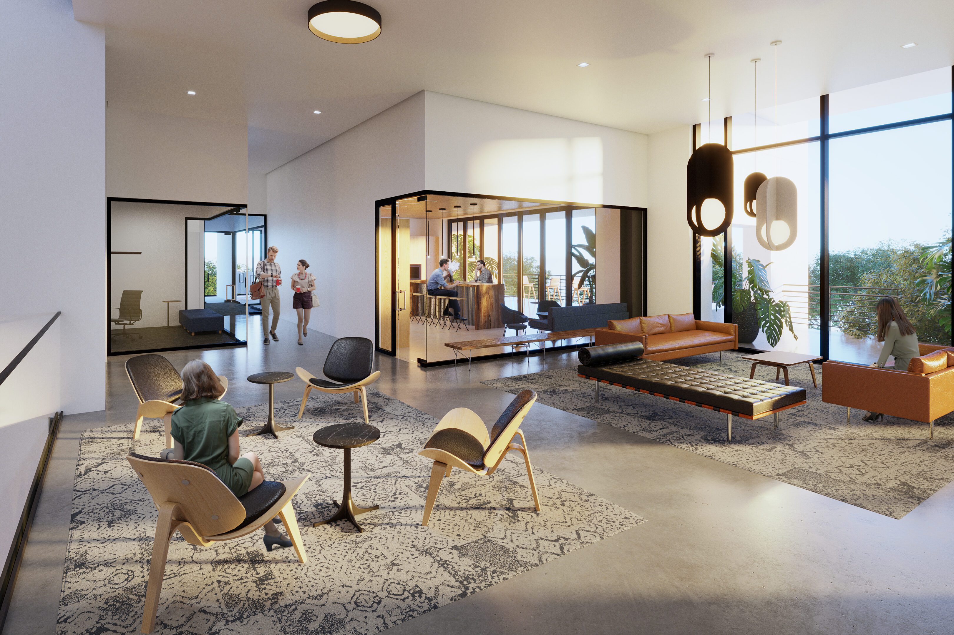 Modern open living space with stylish furniture and large windows.