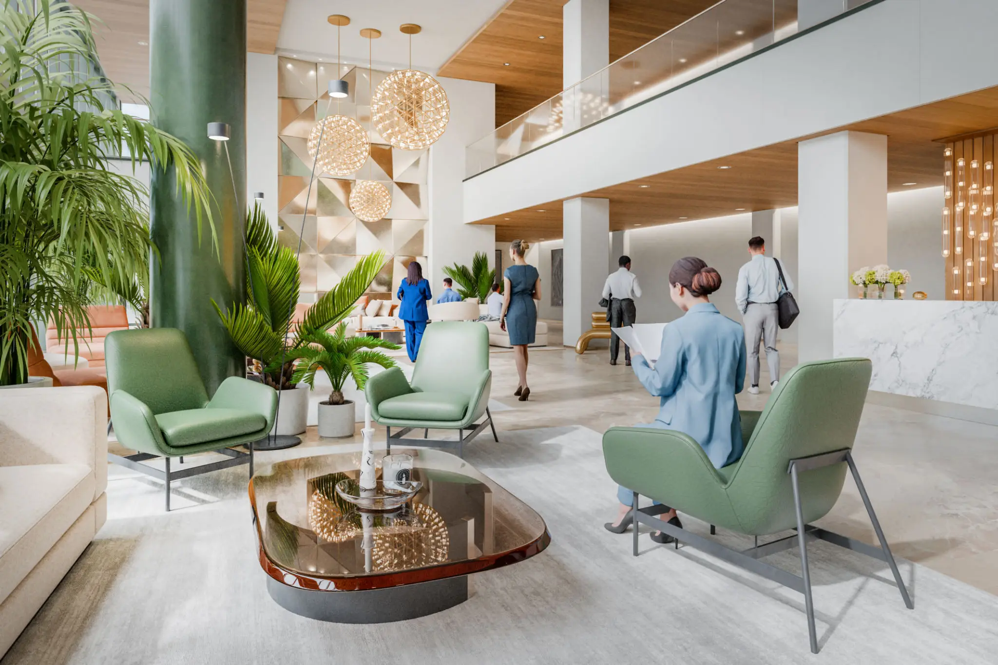 Modern office lounge with people socializing and relaxing.