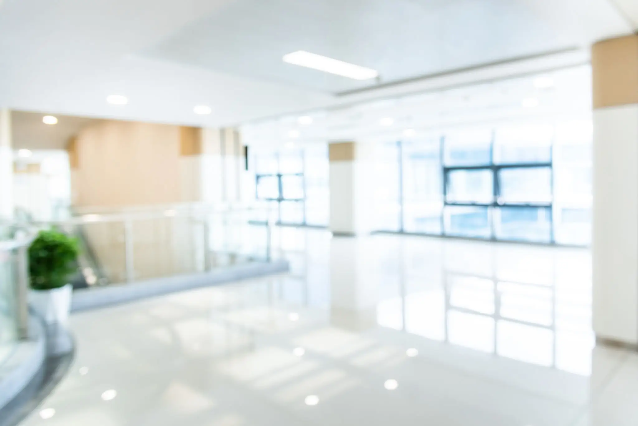 Bright and spacious empty office interior with large windows.