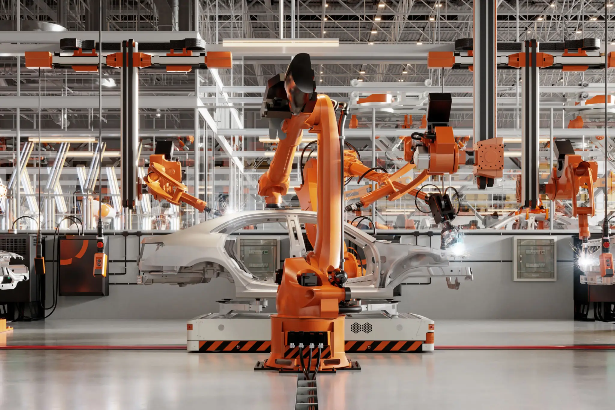 Robotic arms assembling cars in a modern factory.