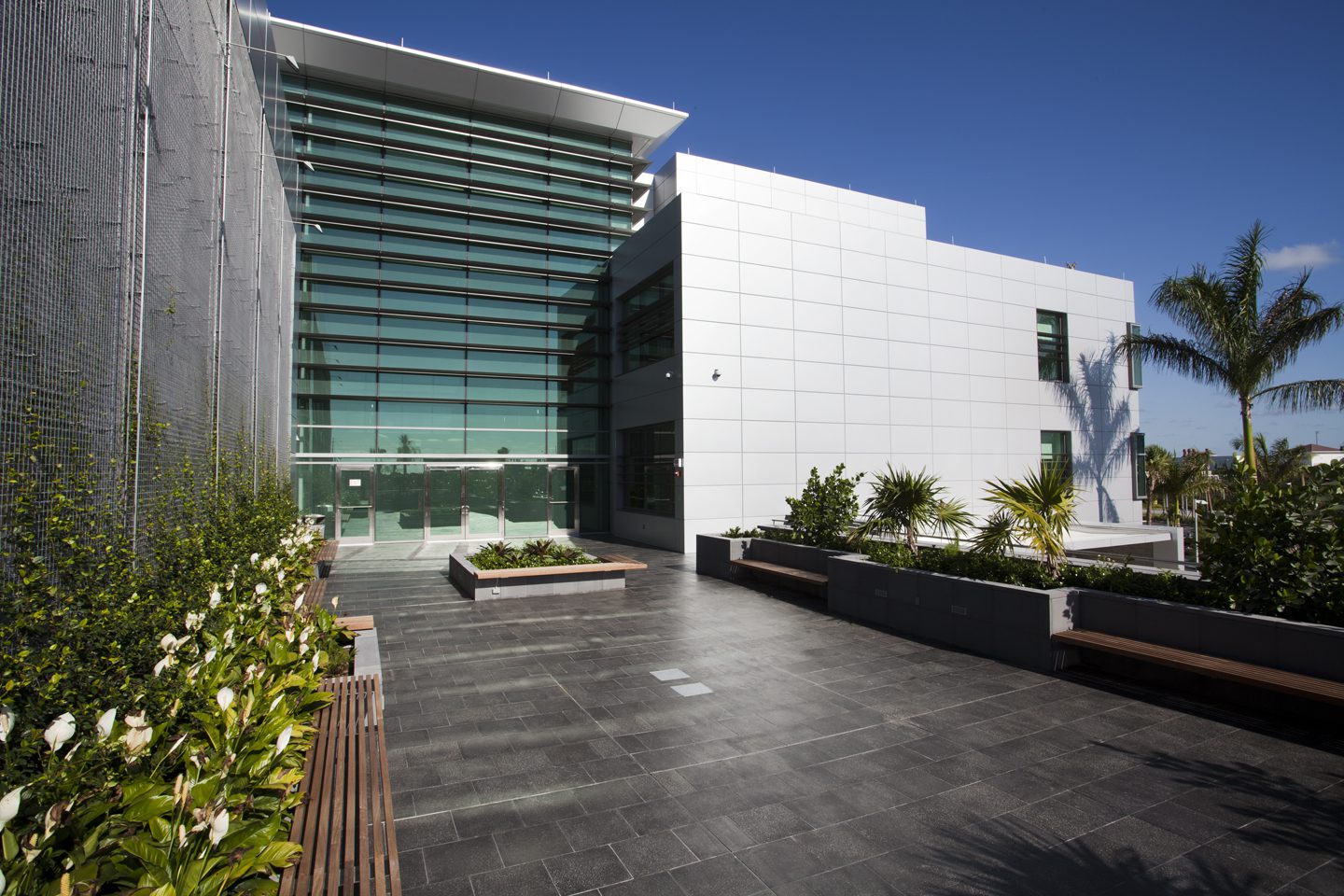Modern building with glass facade and white walls under clear blue sky.