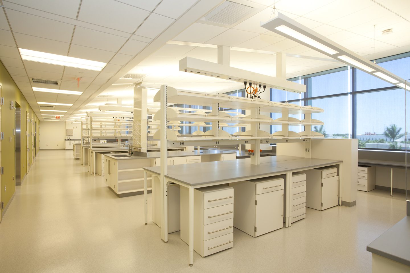 Bright, modern laboratory with spacious workbenches and ample storage.