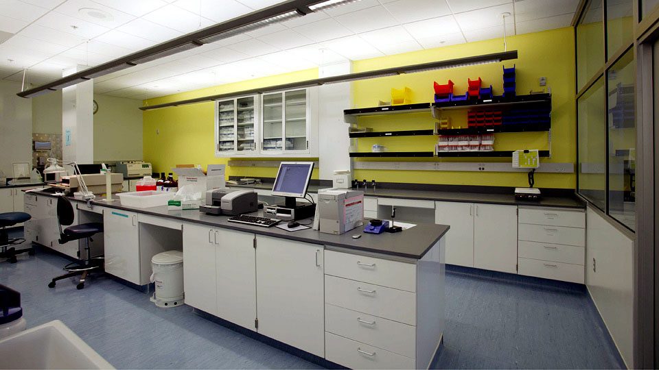 A clean laboratory with organized workstations and equipment.