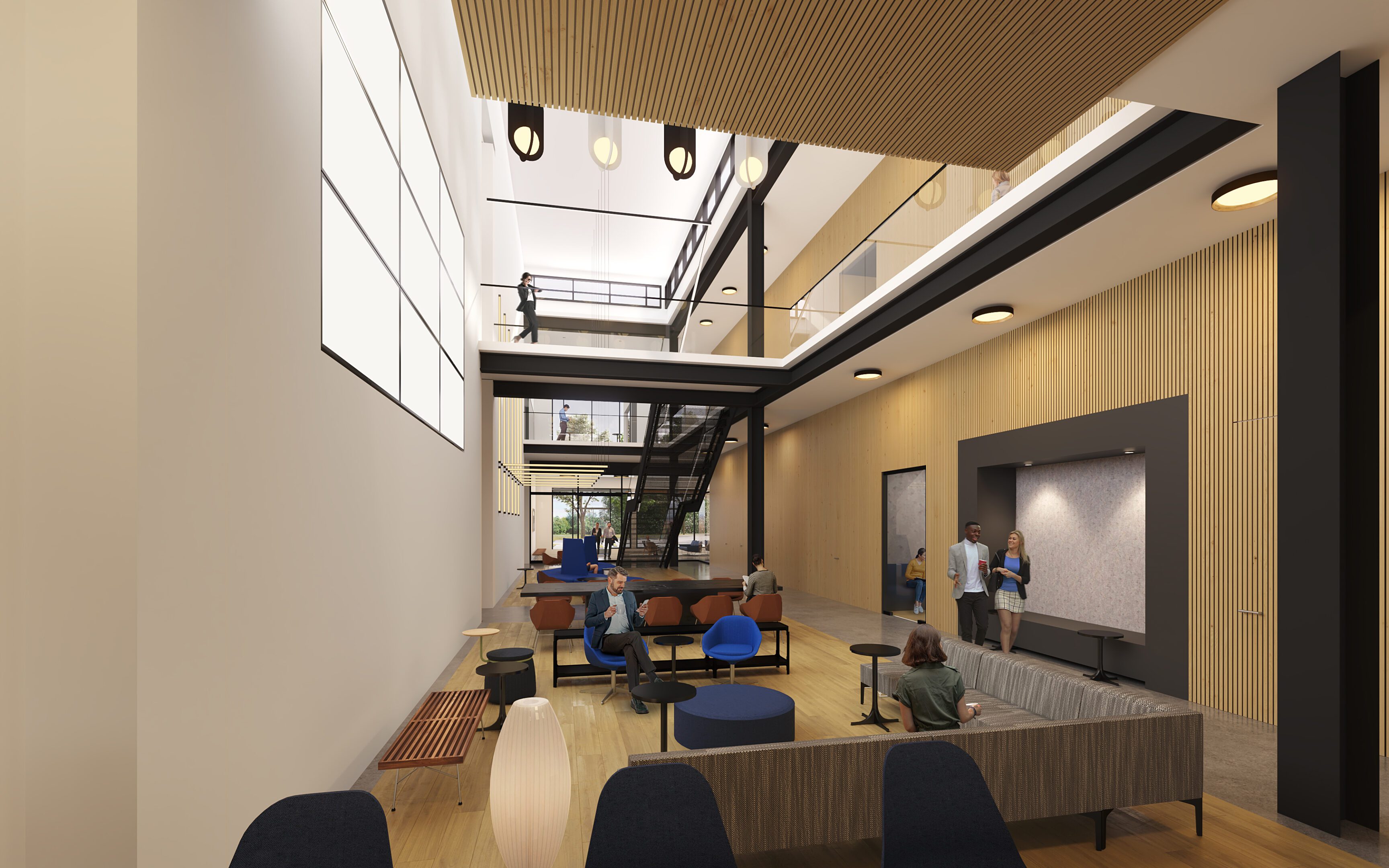 Modern open-concept room with industrial and cozy design elements.